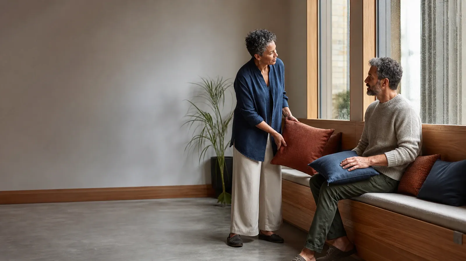 Reviewing Progress With Relapse prevention in South Florida | Two adults pause while arranging cushions on a bench Two adults pause while arranging cushions on a bench · Reviewing Progress With Relapse prevention in South Florida