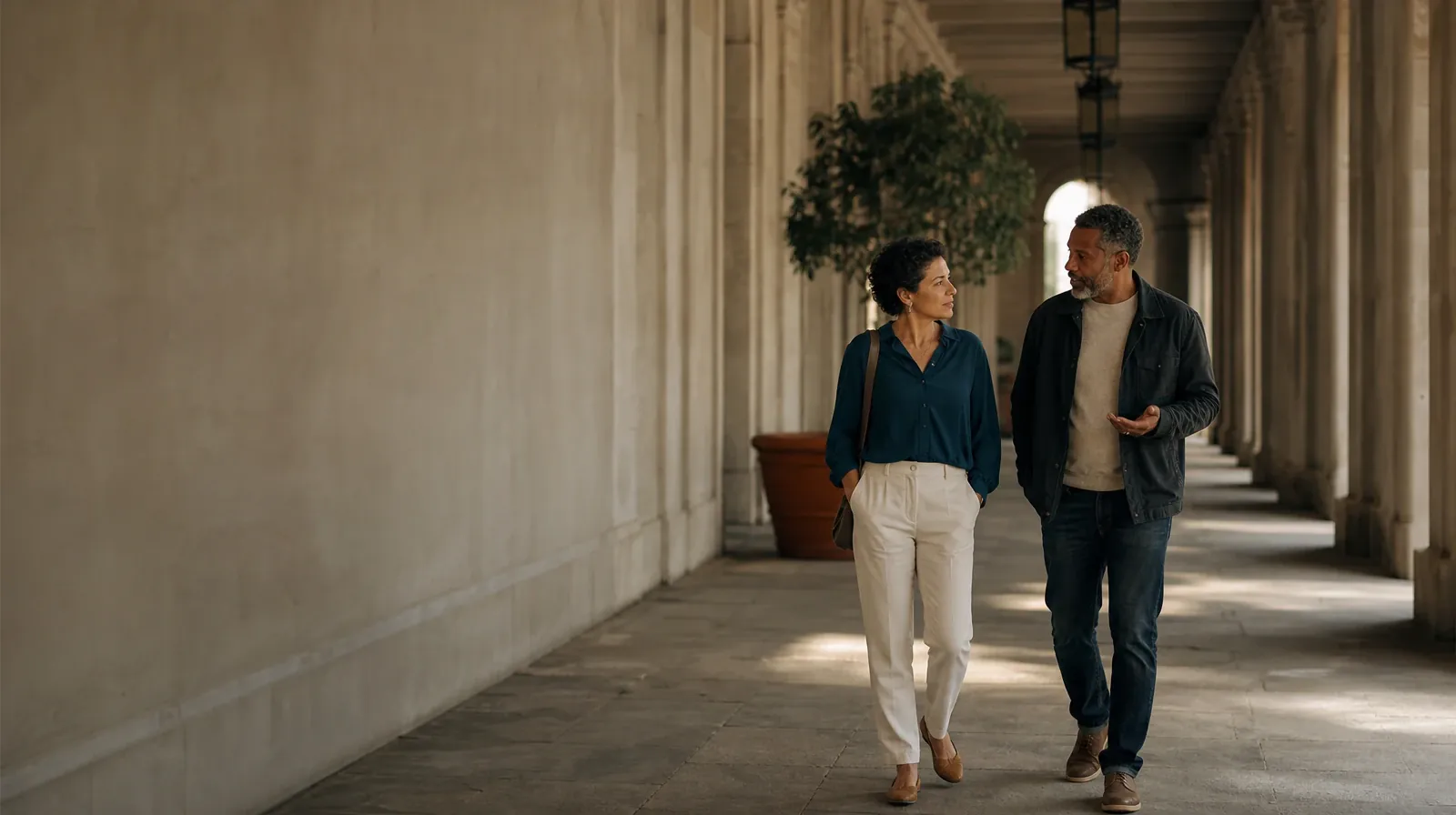 What to Expect From Relapse prevention in South Florida | Two adults walk and talk beneath a covered arcade Two adults walk and talk beneath a covered arcade · What to Expect From Relapse prevention in South Florida