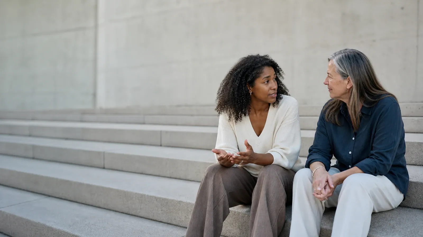 When Relapse Prevention Does Not Fit | Two adults talk while seated on broad steps Two adults talk while seated on broad steps · When Relapse Prevention Does Not Fit