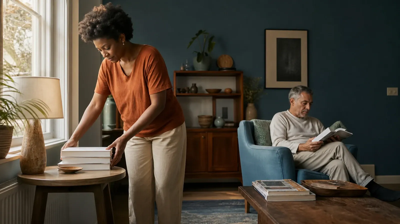 An adult stacks three plain books on a table · What to Expect From Sleep and recovery in South Florida