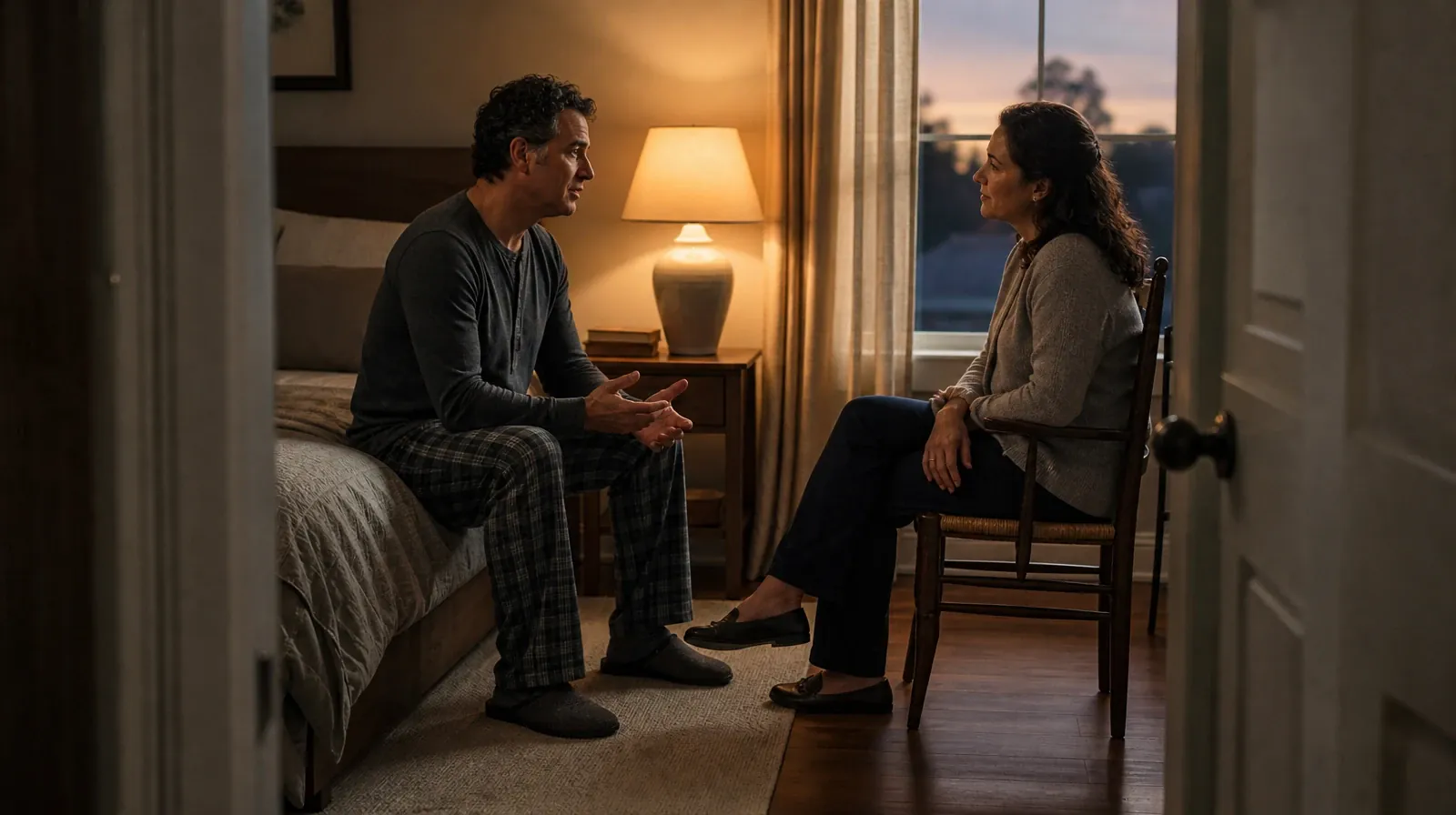Sleep and recovery for Addiction Treatment in Miramar, FL | Two fully clothed adults share a quiet evening conversation… Two fully clothed adults share a quiet evening conversation… · Sleep and recovery for Addiction Treatment in Miramar, FL