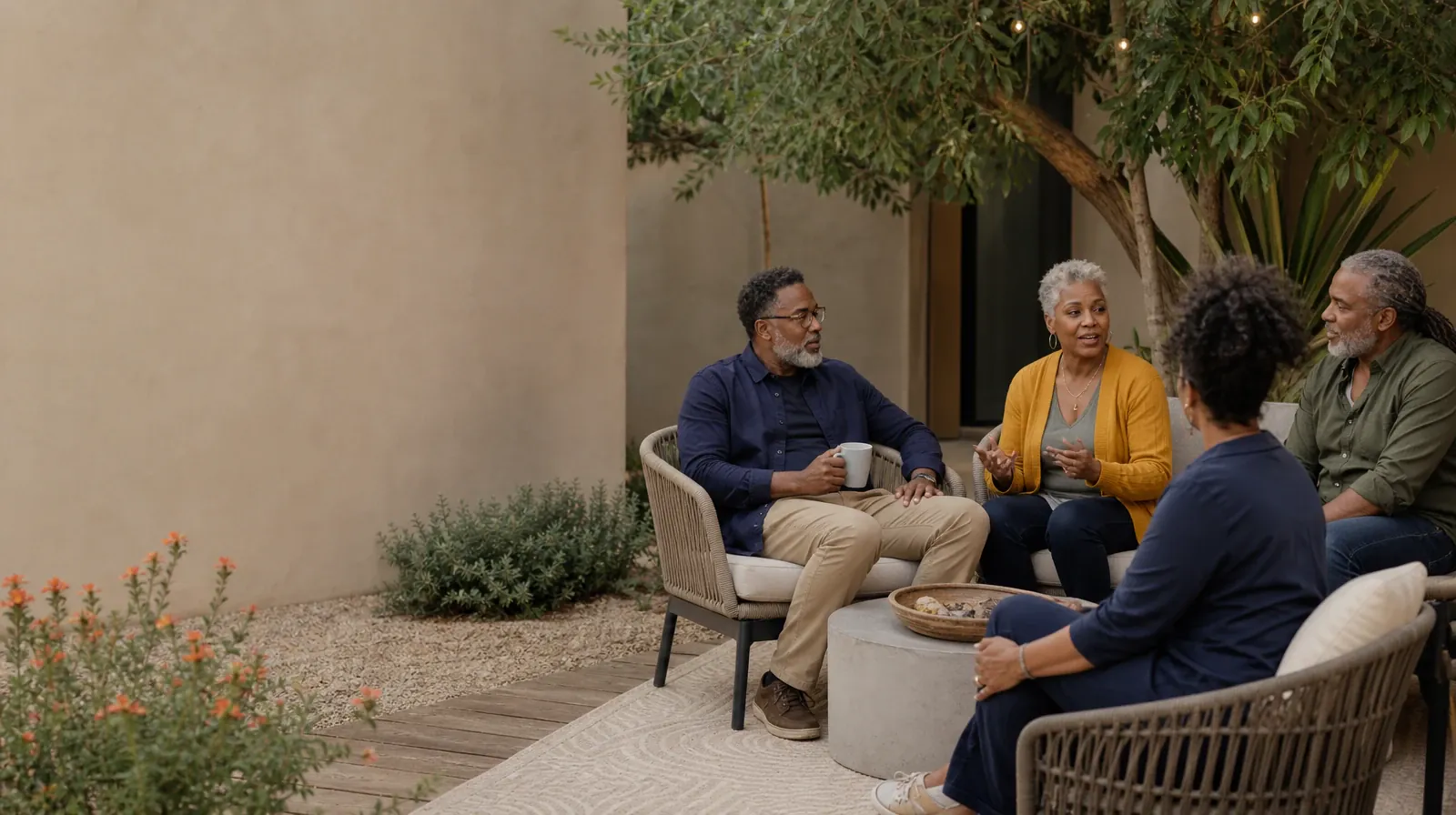 Four adults share a casual patio conversation · After Residential Care and Stress management in South Florida