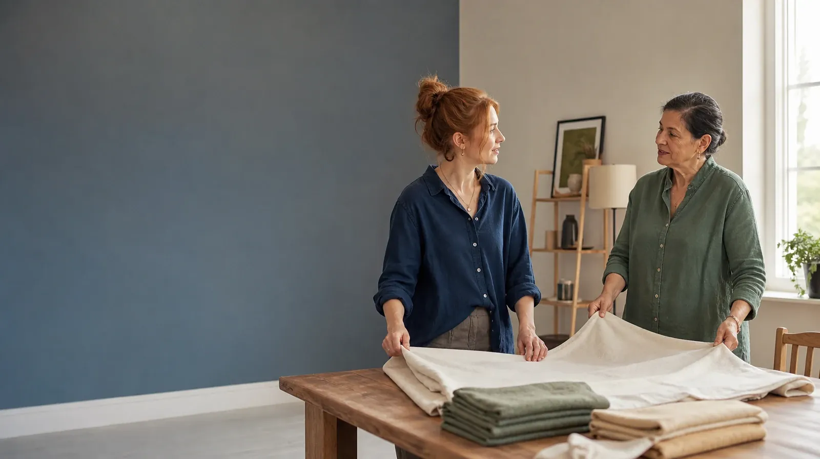 Two adults fold a plain cloth together · Daily Routines and Stress management in South Florida