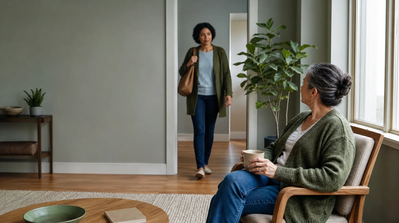 One adult sits near a window as another enters · Family Involvement and Stress management in South Florida