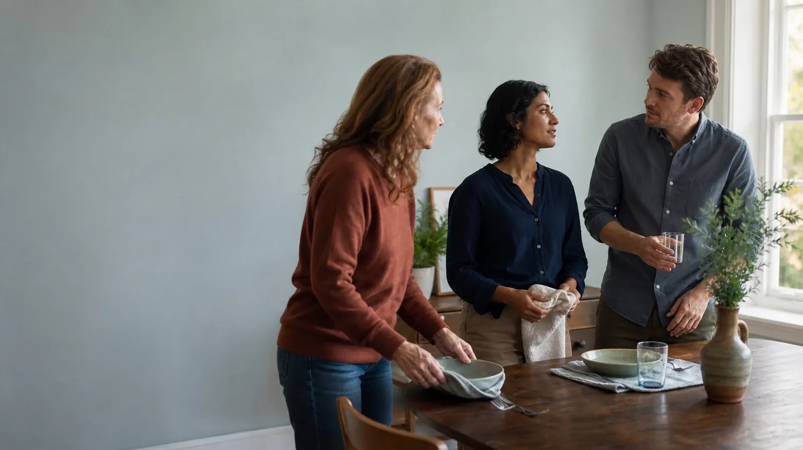 Your First Conversation About Stress Management | Three adults pause while setting a plain table Three adults pause while setting a plain table · Your First Conversation About Stress Management