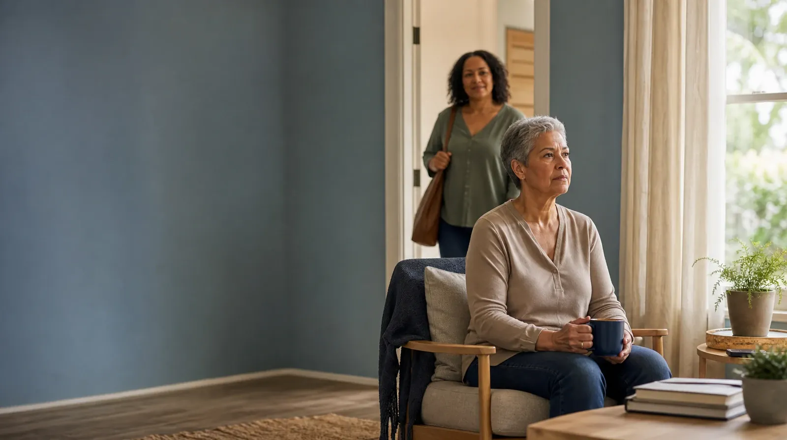 One adult sits near a window as another enters · Individual and Group Formats for Stress Management