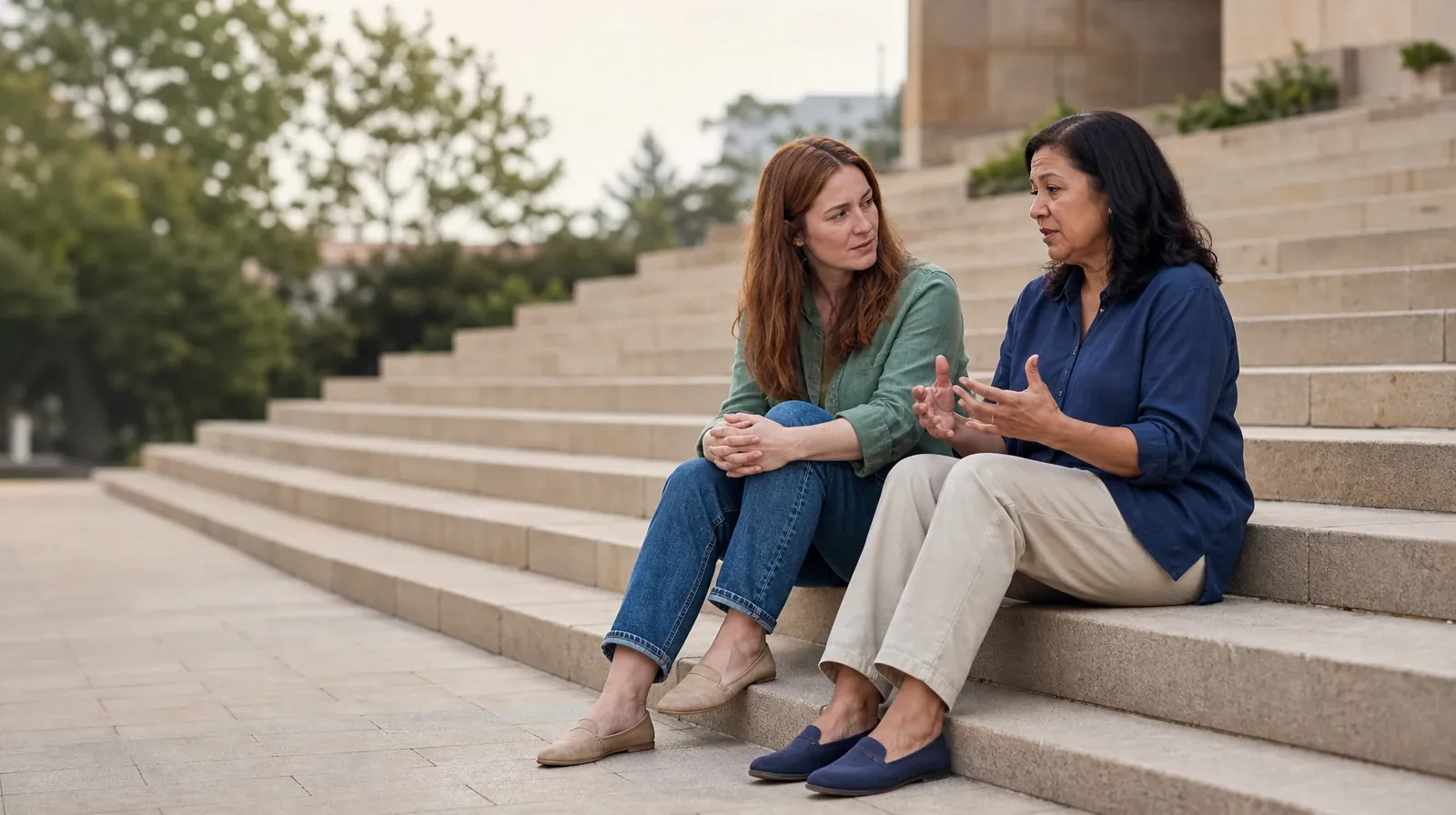 Two adults talk while seated on broad steps · Medication Questions Alongside Stress management in South Florida