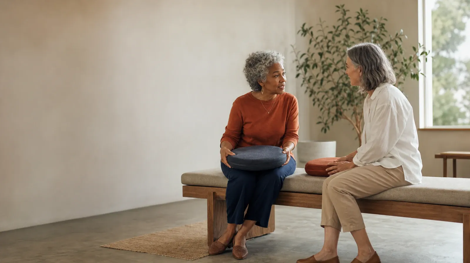 Practicing Stress Management Between Sessions | Two adults pause while arranging cushions on a bench Two adults pause while arranging cushions on a bench · Practicing Stress Management Between Sessions