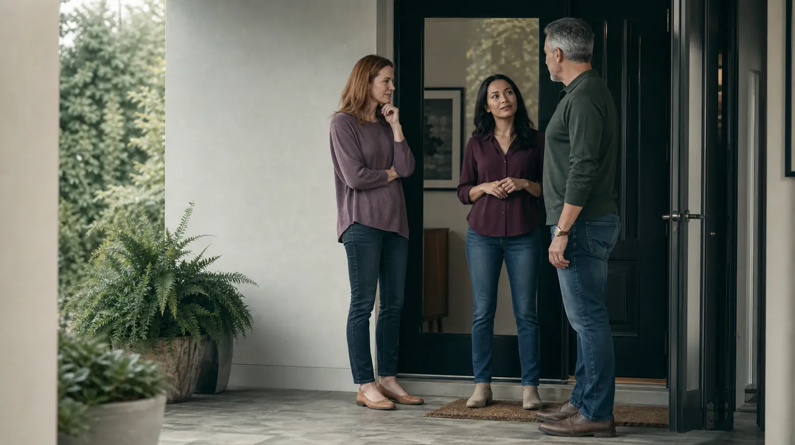 Three adults talk near an open home doorway · Privacy and Consent in Stress management in South Florida