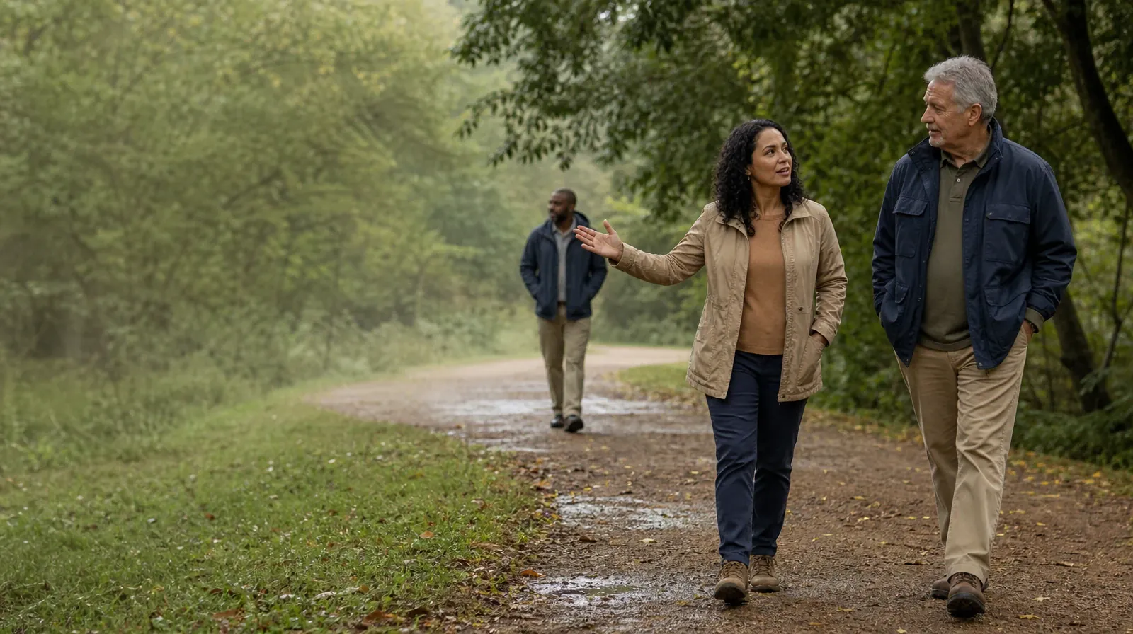 Three adults walk and talk on a wooded path · Qualified Practitioner Questions for Stress Management