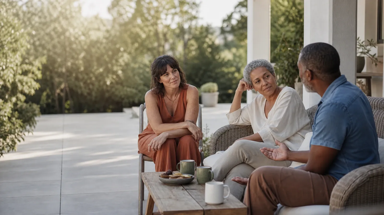 Reviewing Progress With Stress management in South Florida | Four adults share a casual patio conversation Four adults share a casual patio conversation · Reviewing Progress With Stress management in South Florida