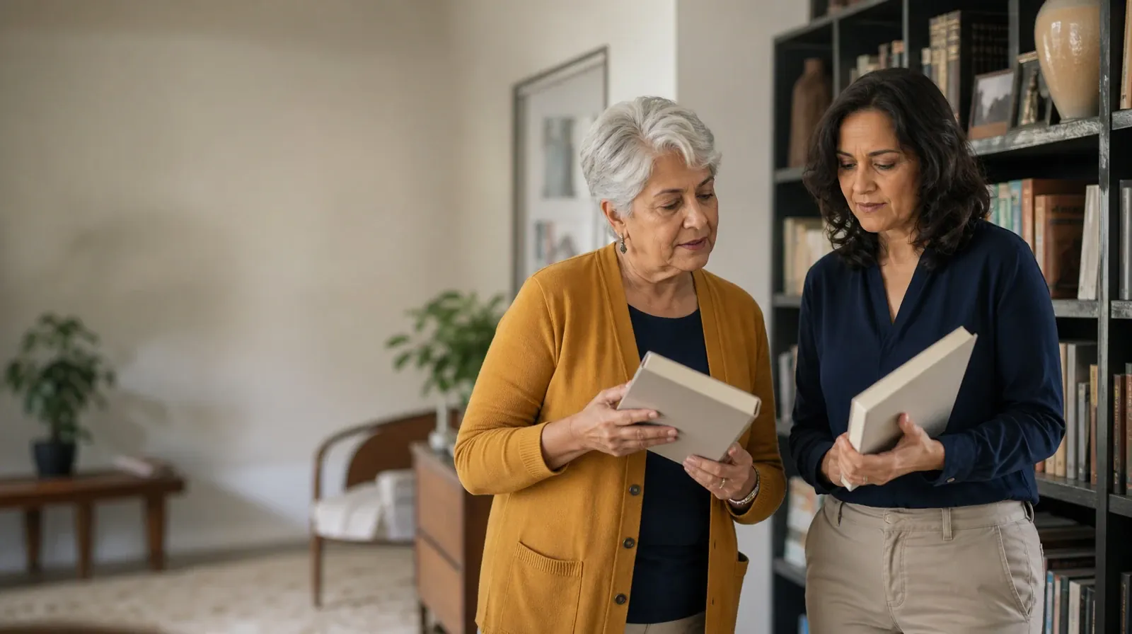 Understanding Goals in Stress management in South Florida | Two adults compare plain books beside a bookshelf Two adults compare plain books beside a bookshelf · Understanding Goals in Stress management in South Florida