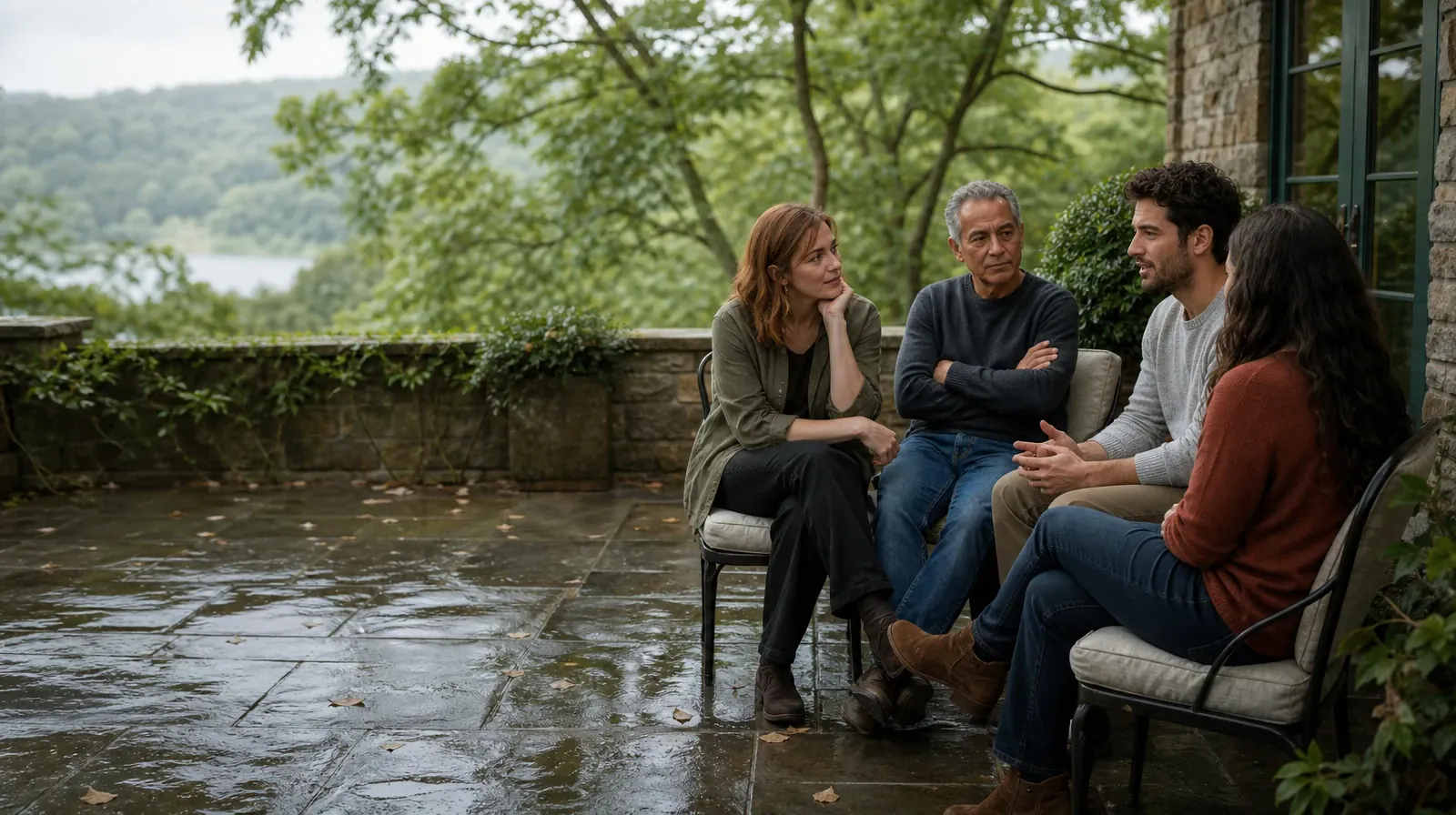 Your First Conversation About Trauma-informed Care | Four adults share a casual patio conversation Four adults share a casual patio conversation · Your First Conversation About Trauma-informed Care