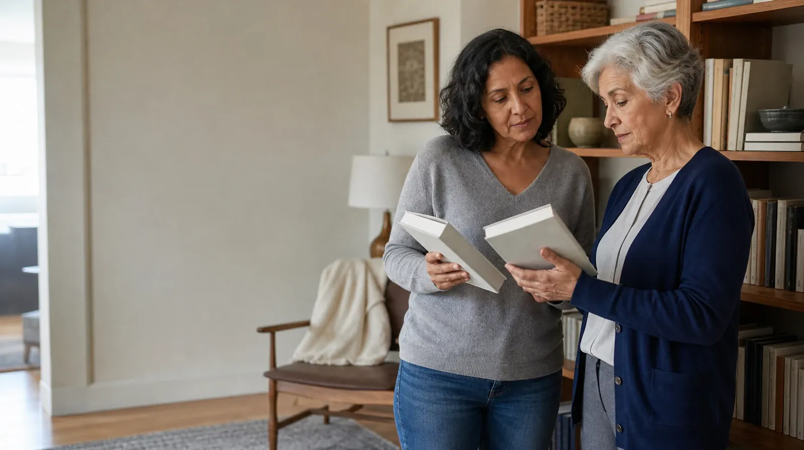 Two adults compare plain books beside a bookshelf · Individual and Group Trauma-Informed Care Formats