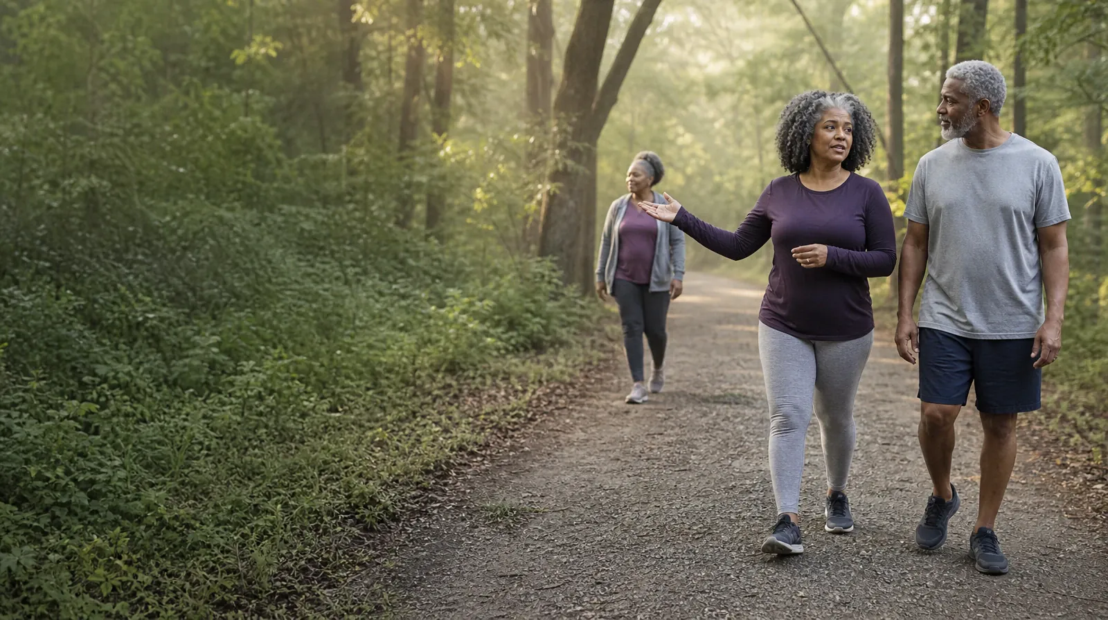 Practicing Between Sessions With Trauma-informed Care | Three adults walk and talk on a wooded path Three adults walk and talk on a wooded path · Practicing Between Sessions With Trauma-informed Care