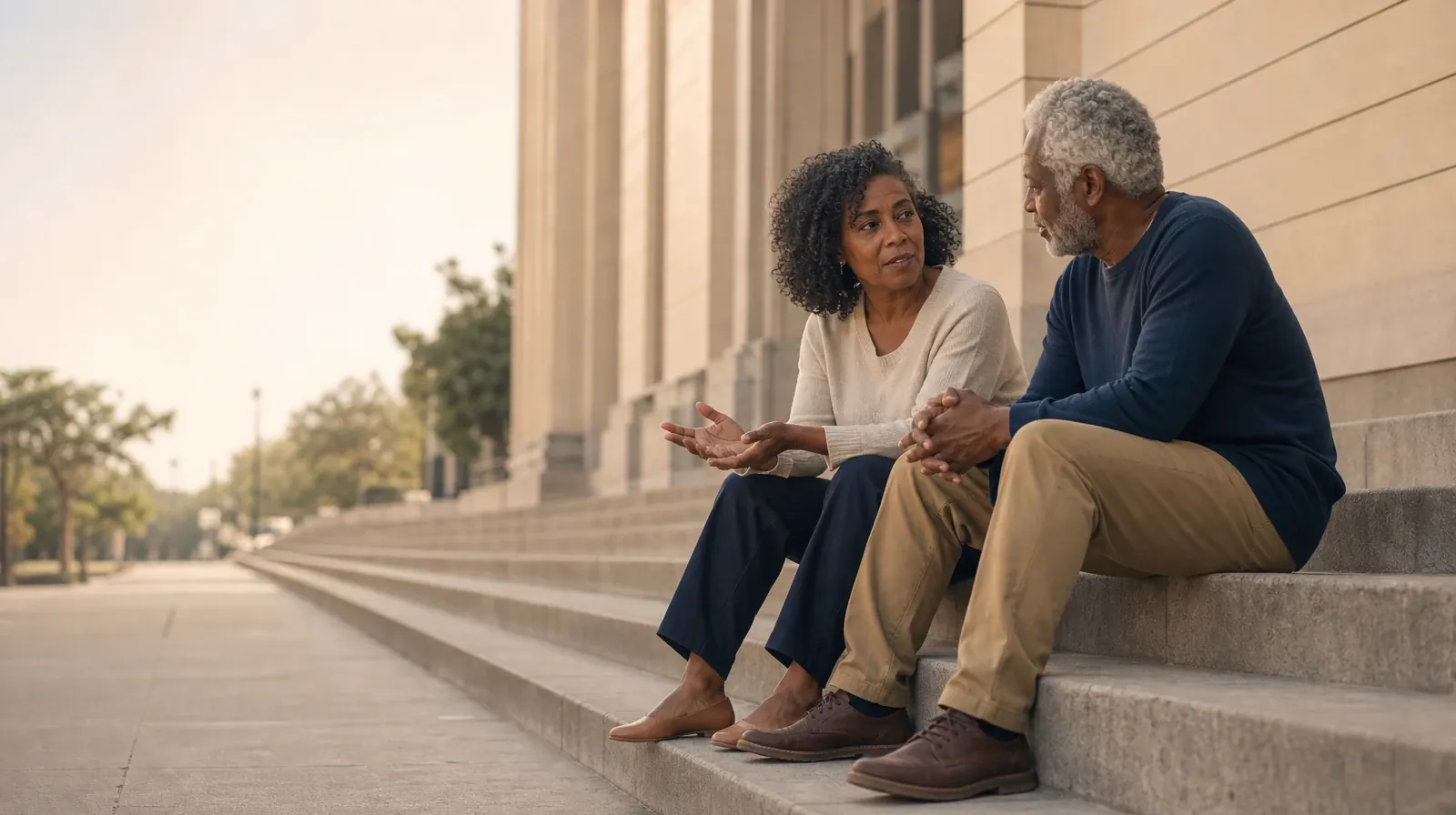 Reviewing Progress With Trauma-informed care in South Florida | Two adults talk while seated on broad steps Two adults talk while seated on broad steps · Reviewing Progress With Trauma-informed care in South Florida
