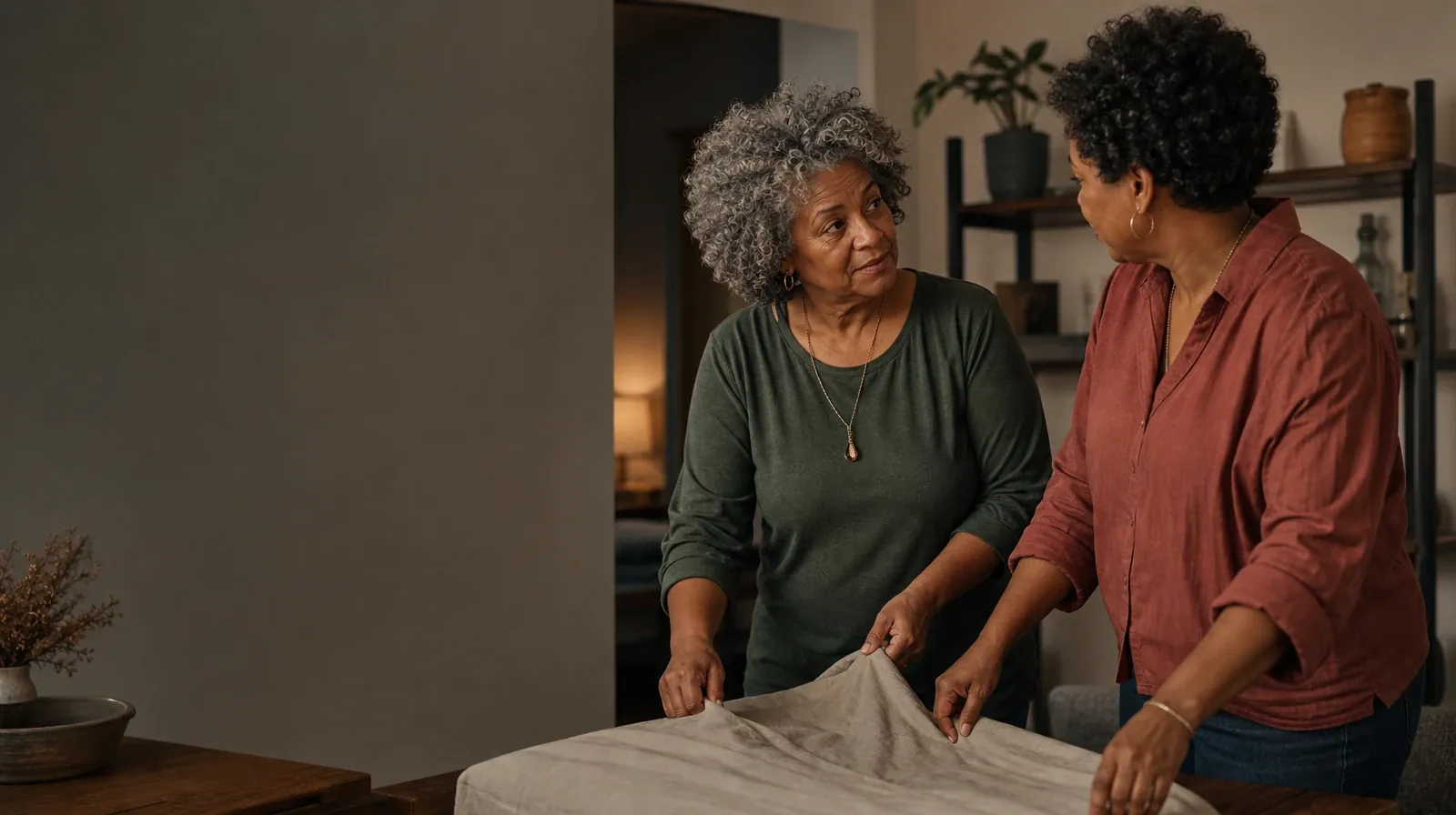 Understanding Goals in Trauma-informed care in South Florida | Two adults fold a plain cloth together Two adults fold a plain cloth together · Understanding Goals in Trauma-informed care in South Florida