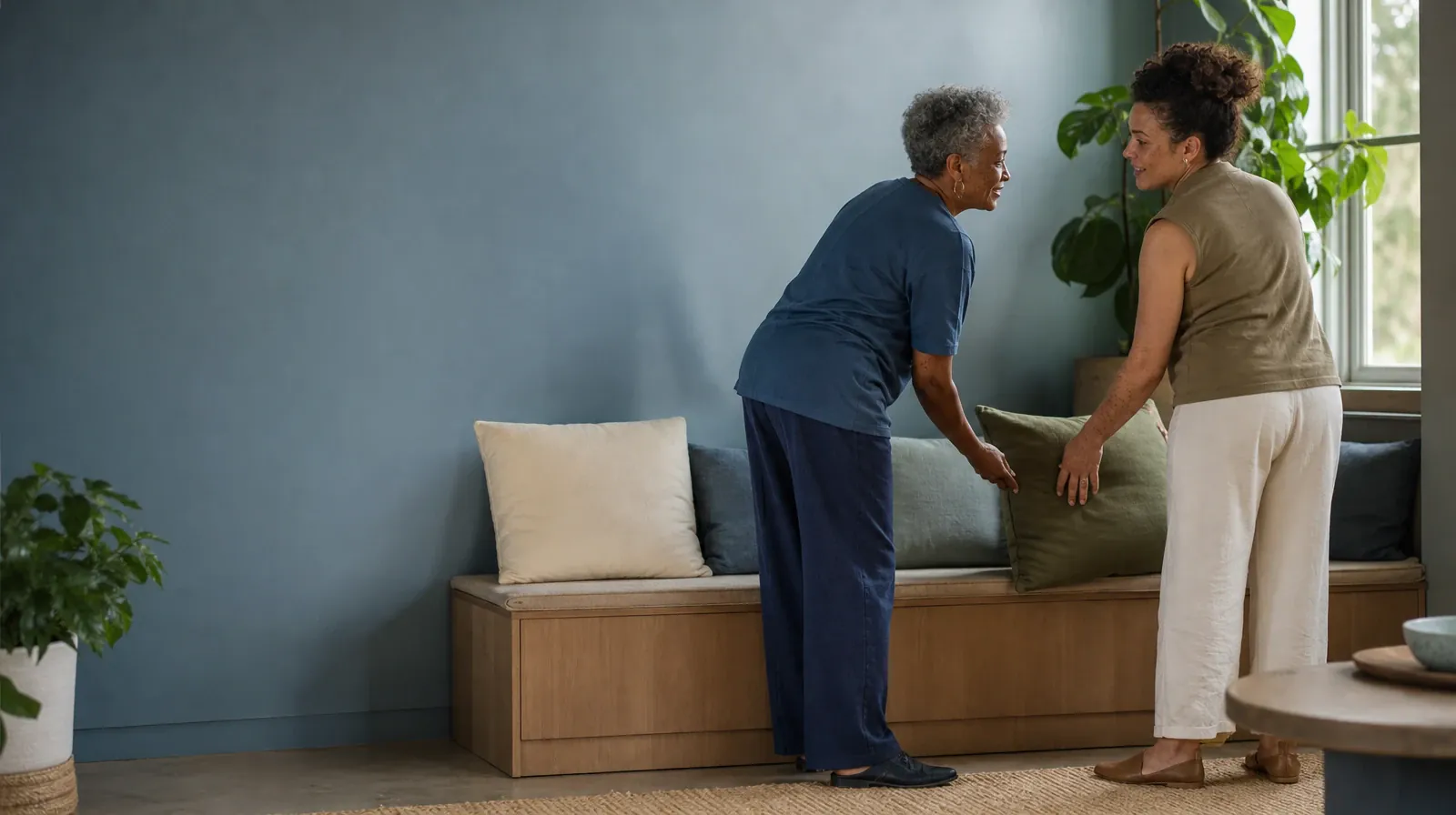Two adults pause while arranging cushions on a bench · What to Expect From Trauma-informed care in South Florida