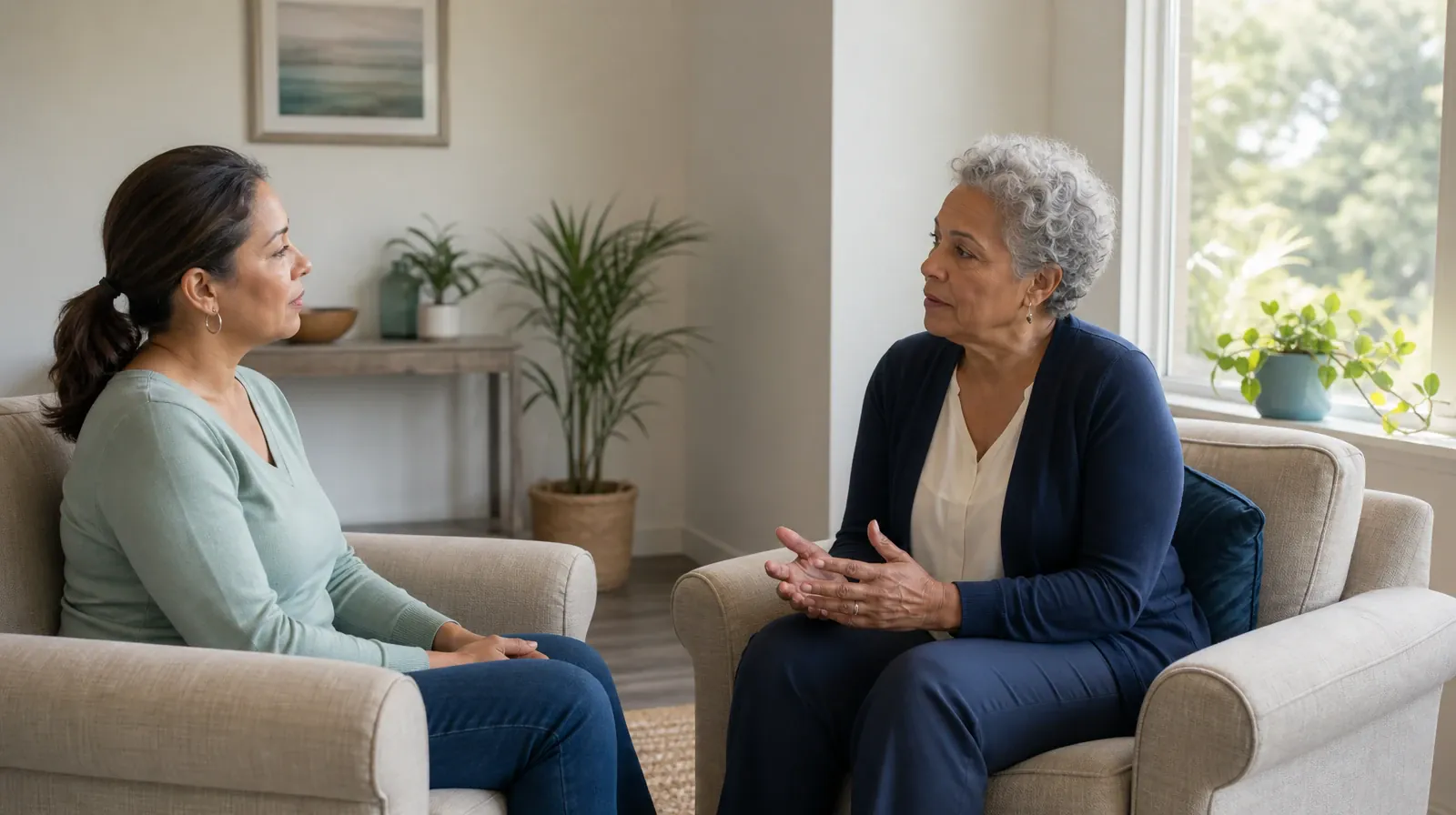 Planning Time Away for Adults seeking care in South Florida | Adults listening to one another in an ordinary setting Adults listening to one another in an ordinary setting · Planning Time Away for Adults seeking care in South Florida