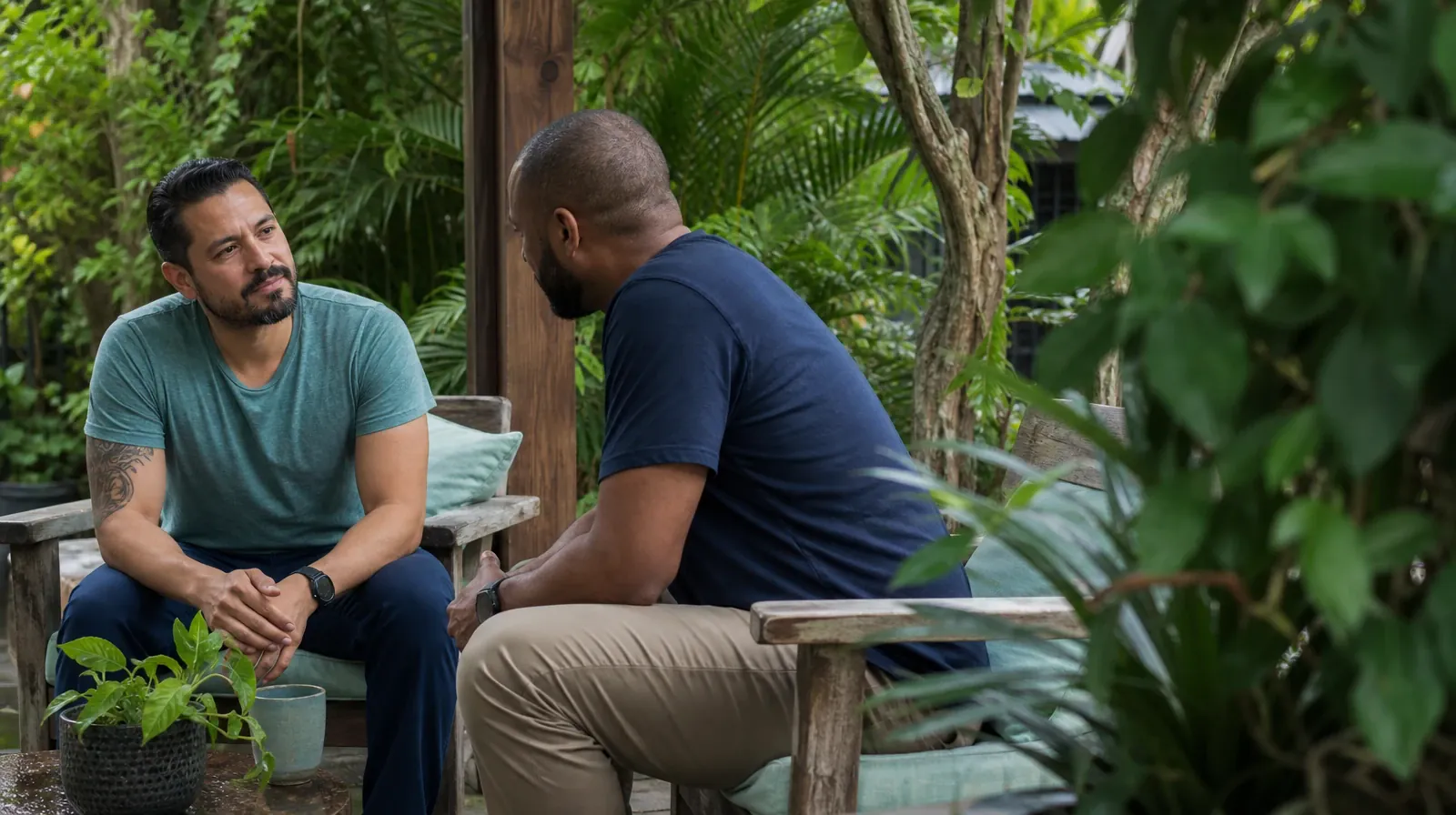 Adults sharing an ordinary supportive moment · A First Treatment Conversation for Faith and Recovery