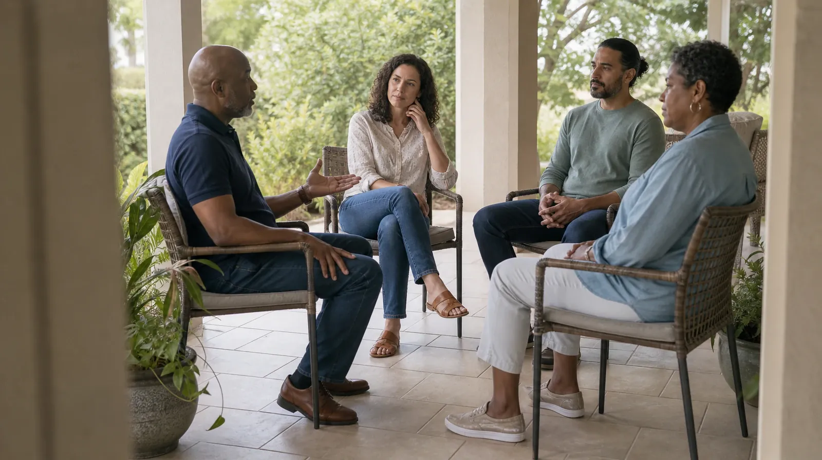 Adults listening to one another in an ordinary setting · Residential Care Questions for Faith and Recovery