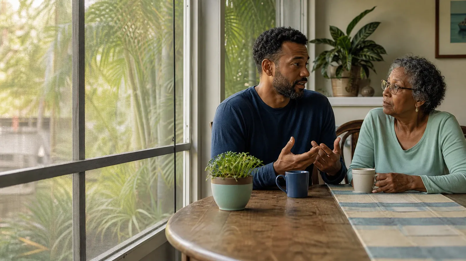 Adults sharing an ordinary supportive moment · Boundaries and Support for First Responders in South Florida