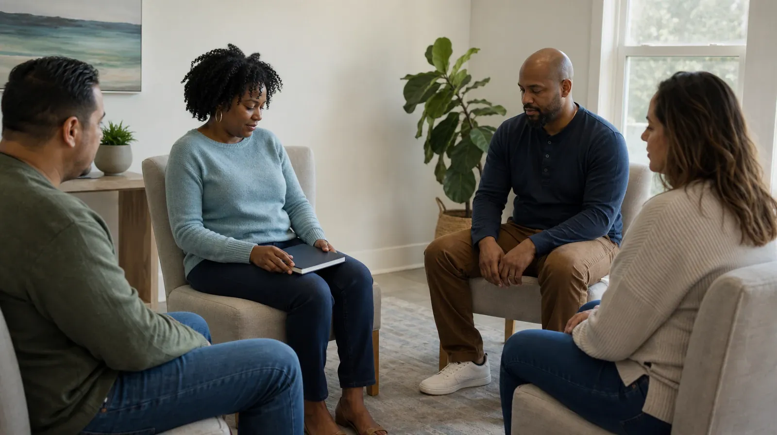 First Treatment Conversation for First Responders | Adults listening to one another in an ordinary setting Adults listening to one another in an ordinary setting · First Treatment Conversation for First Responders