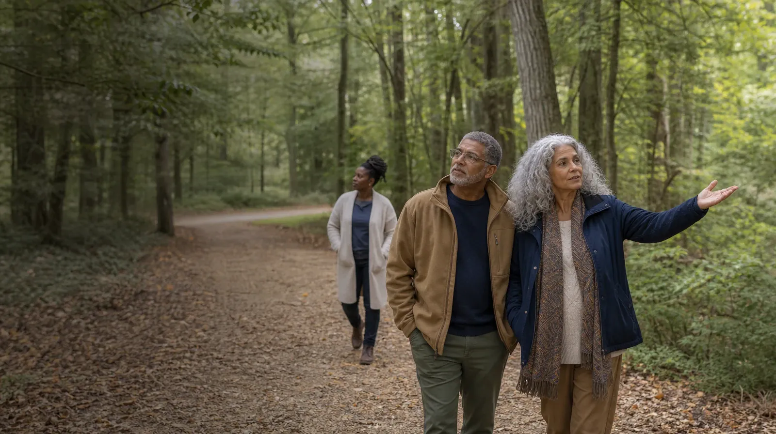 Three adults walk and talk on a wooded path · Residential Care Questions for First Responders in South Florida