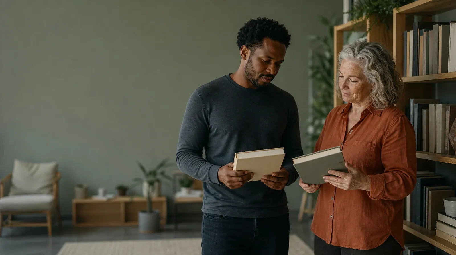 Two adults compare plain books beside a bookshelf · Privacy Questions for Haitian Creole-Speaking Adults