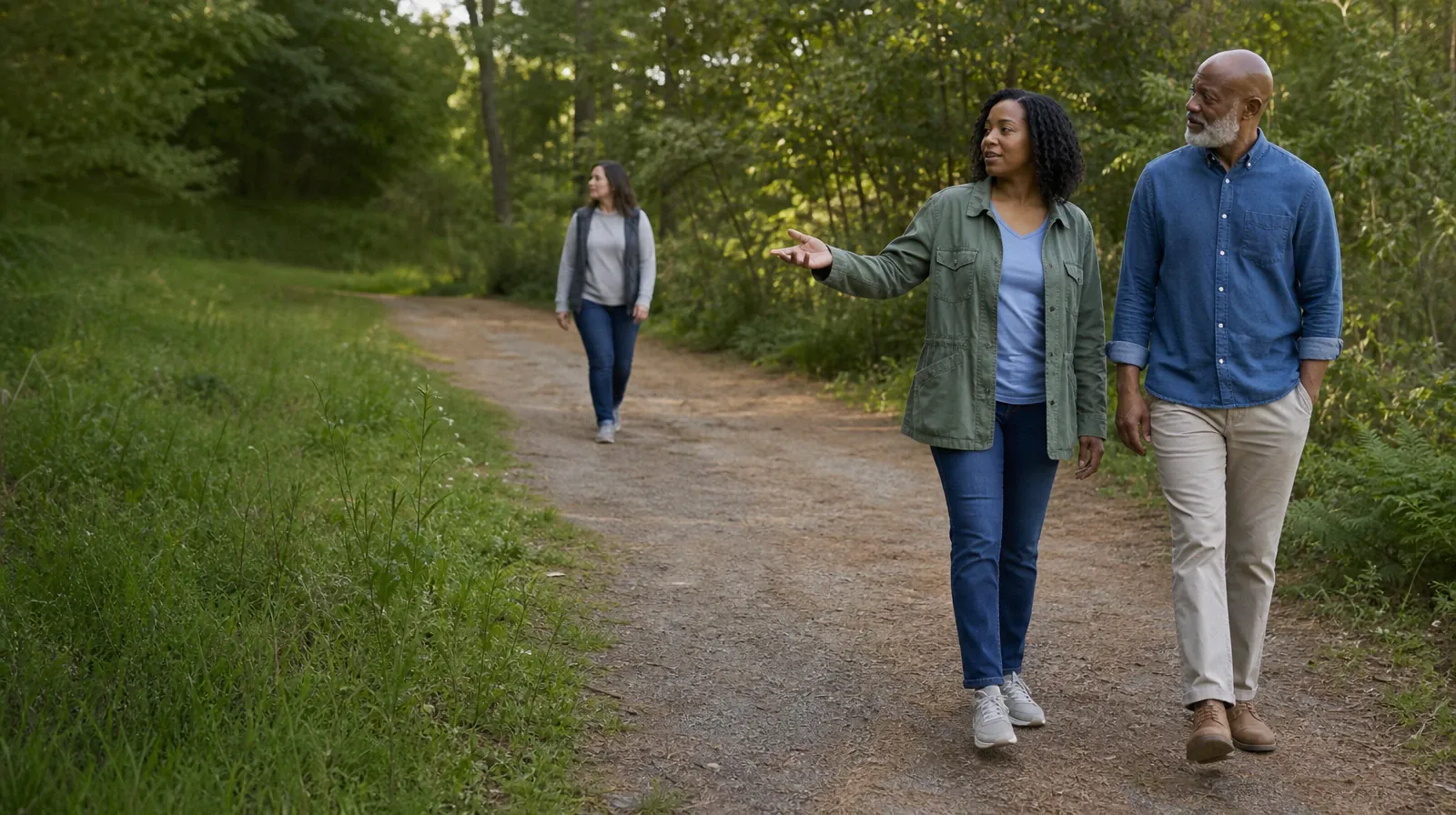 Three adults walk and talk on a wooded path · Residential Care for Haitian Creole-Speaking Adults