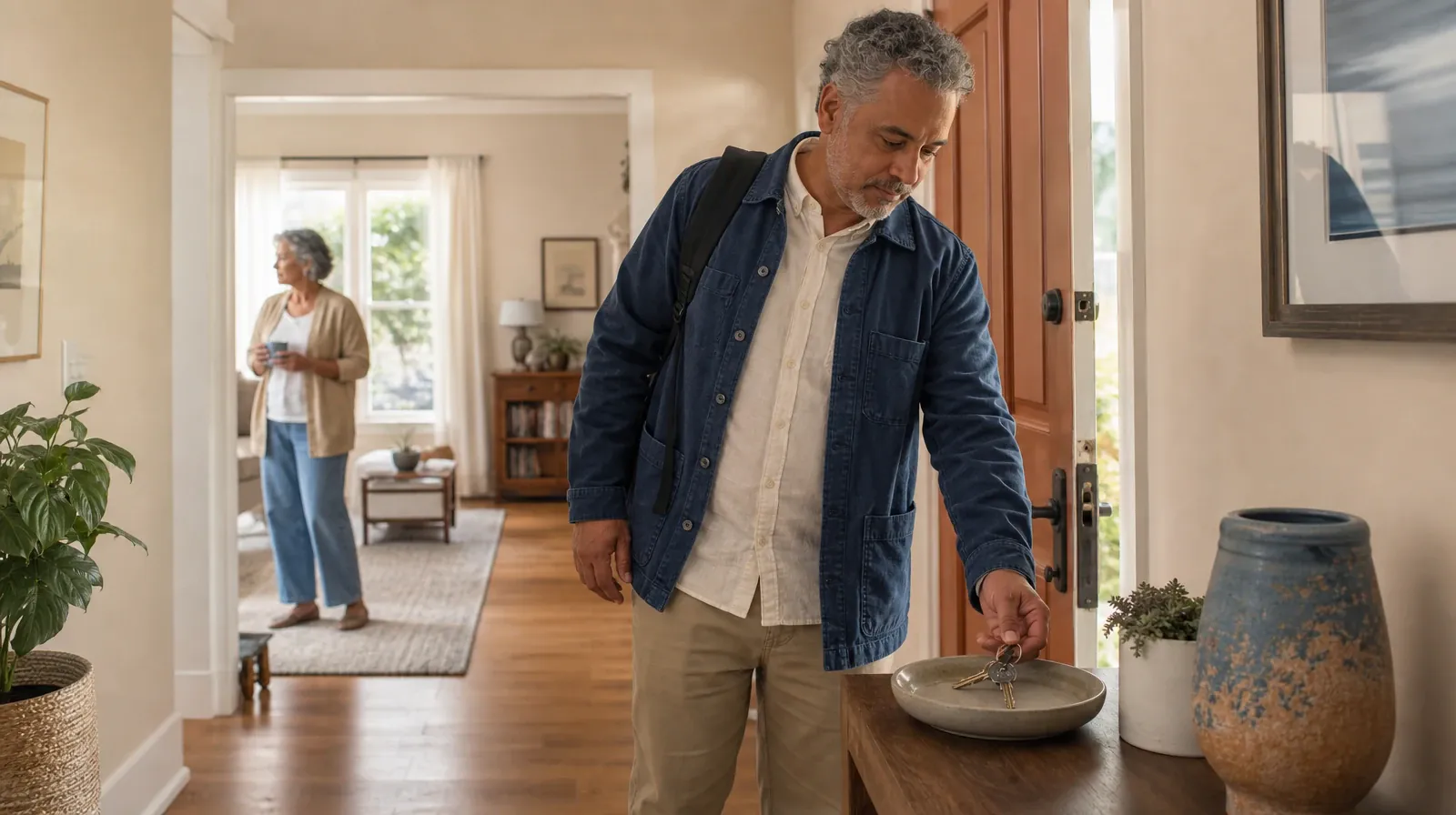 An adult places house keys into a small bowl · Haitian Creole-Speaking Adults: Returning Home