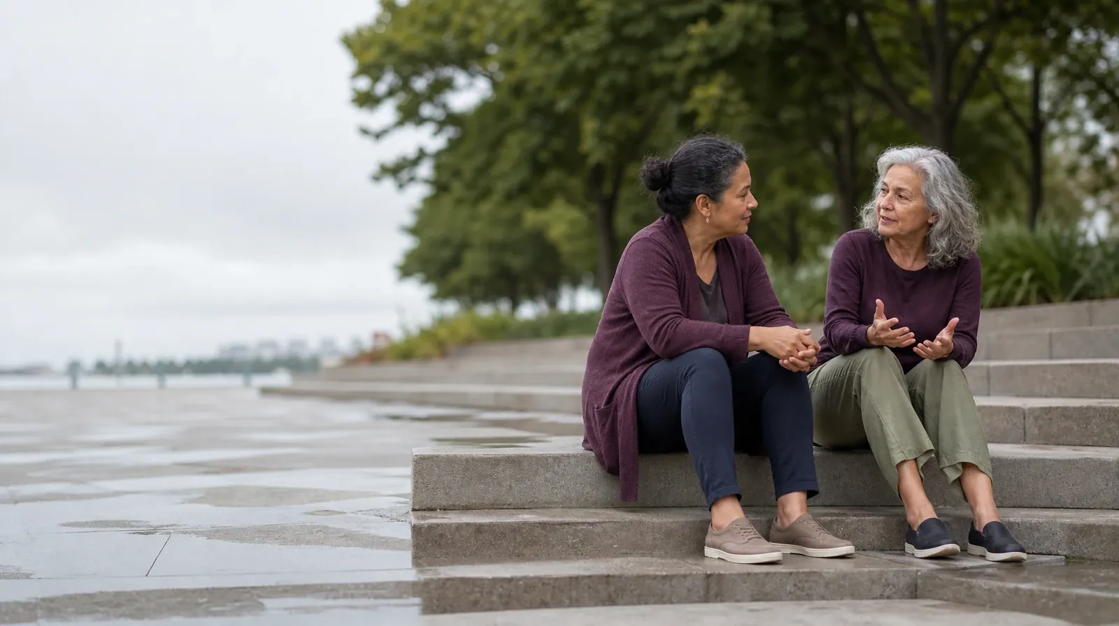 Two adults talk while seated on broad steps · A Support Network for Haitian Creole-speaking Adults