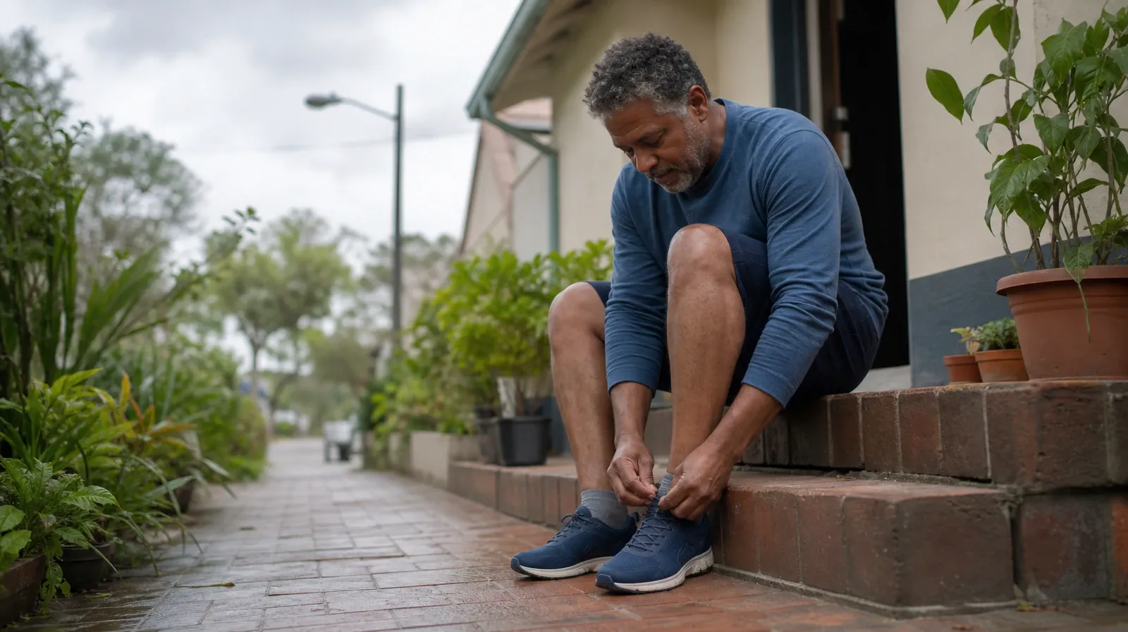 Talking With a Prescriber for Hospitality Workers | An adult ties a shoe on a low home step An adult ties a shoe on a low home step · Talking With a Prescriber for Hospitality Workers