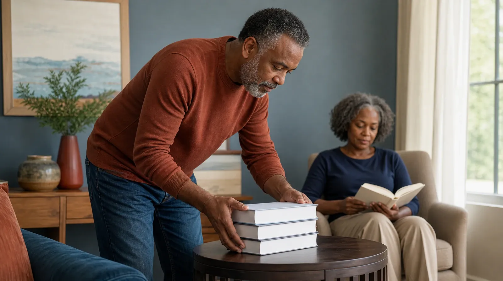 Returning Home After Treatment for Latino Communities | An adult stacks three plain books on a table An adult stacks three plain books on a table · Returning Home After Treatment for Latino Communities