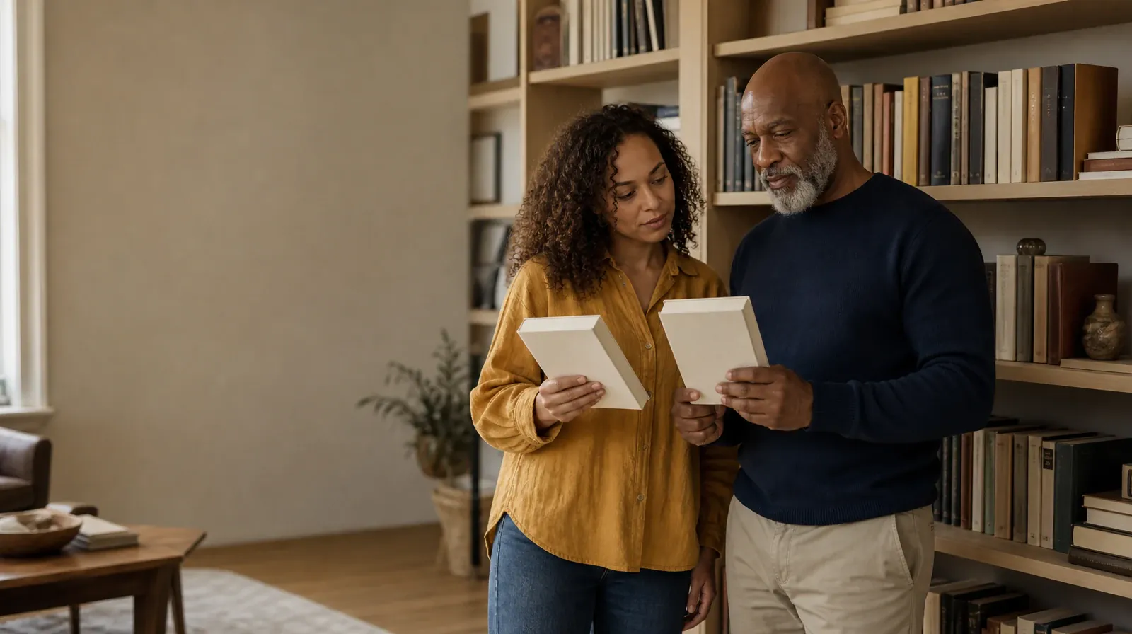 Planning Time Away for Families and loved ones in South Florida | Two adults compare plain books beside a bookshelf Two adults compare plain books beside a bookshelf · Planning Time Away for Families and loved ones in South Florida