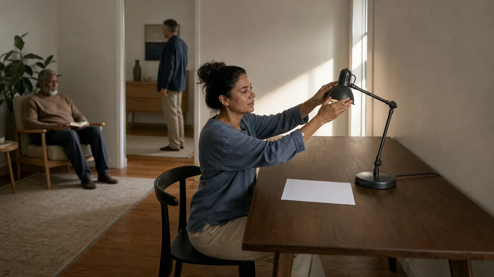 Prior Care Conversations for Loved Ones | An adult adjusts a desk lamp beside blank paper An adult adjusts a desk lamp beside blank paper · Prior Care Conversations for Loved Ones