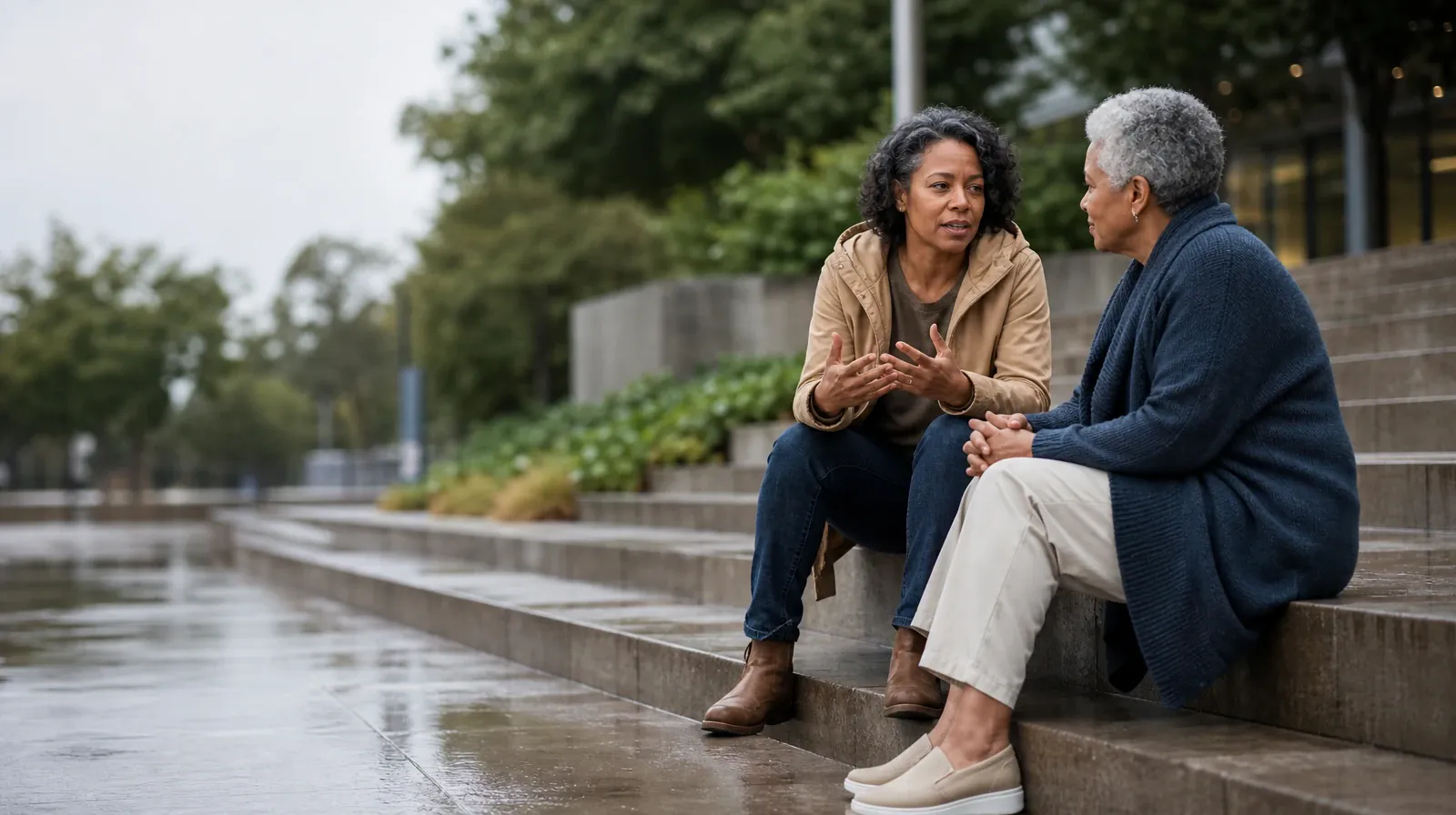 Two adults talk while seated on broad steps · Family Involvement for Older adults in South Florida