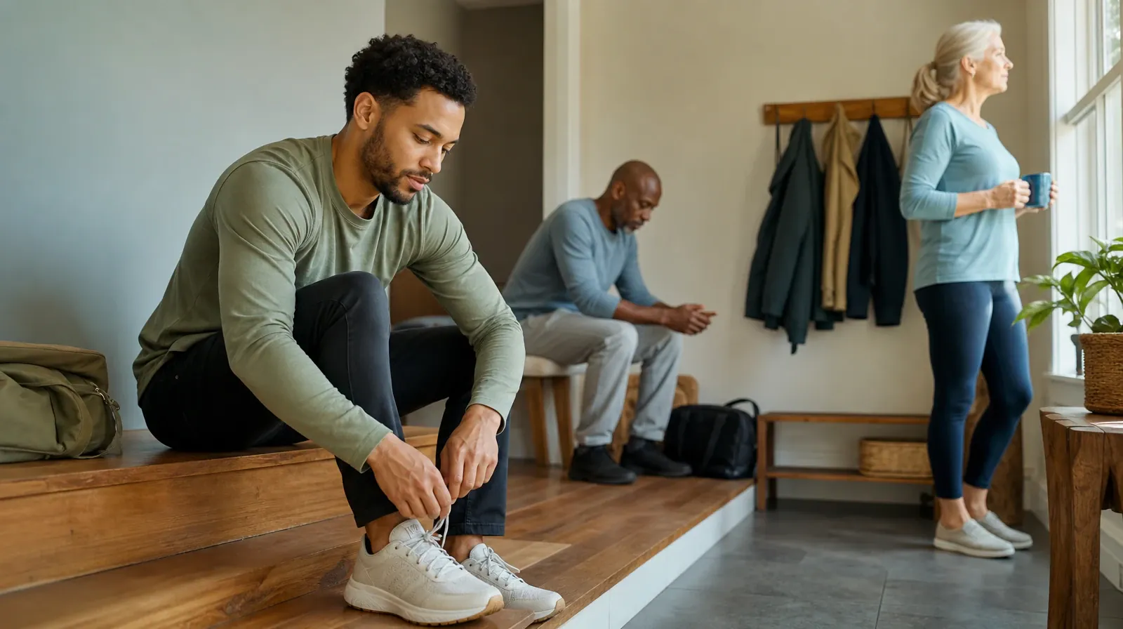 An adult ties a shoe on a low home step · A First Treatment Conversation for Older Adults in South Florida