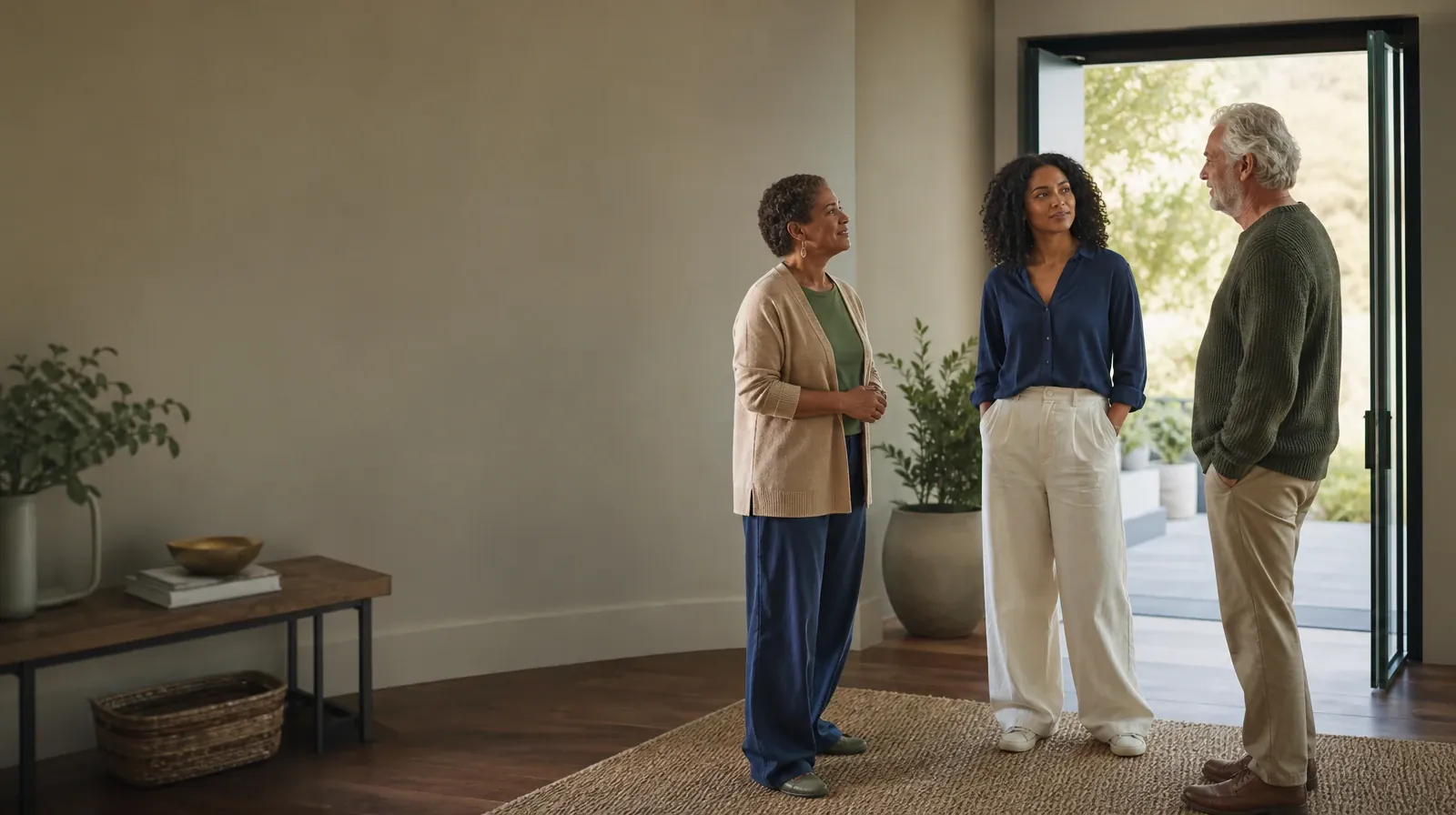 Three adults talk near an open home doorway · Admissions Questions for Older Adults in South Florida