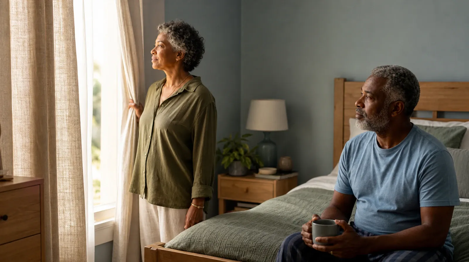 An adult opens a plain curtain in morning light · Residential Care Questions for Older adults in South Florida