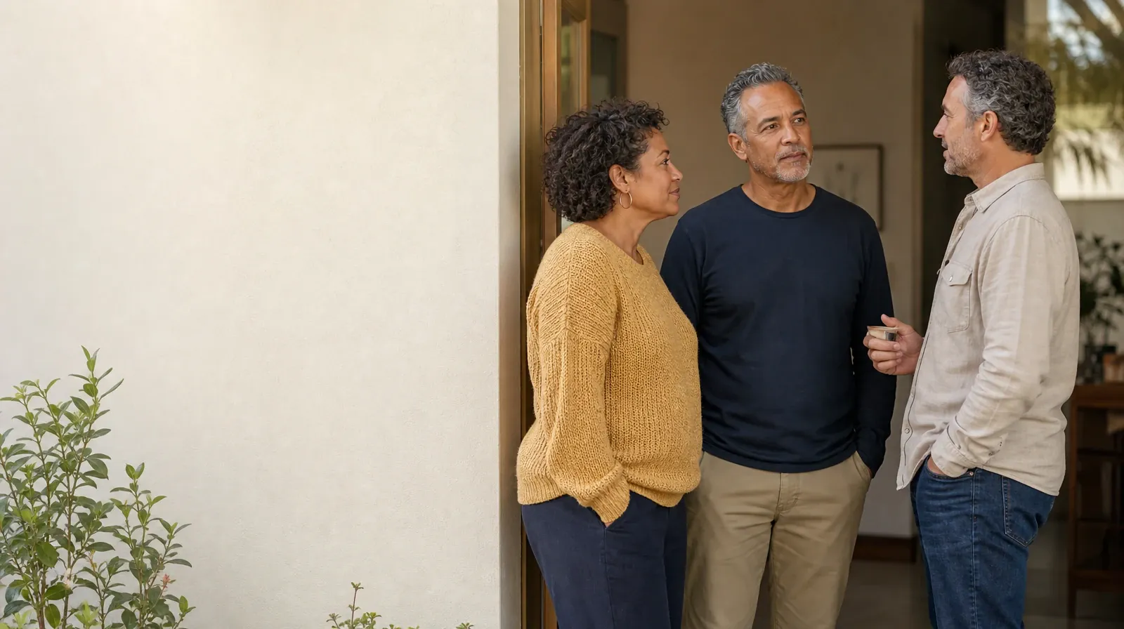 Three adults talk near an open home doorway · Boundaries and Support for Parents seeking care in South Florida