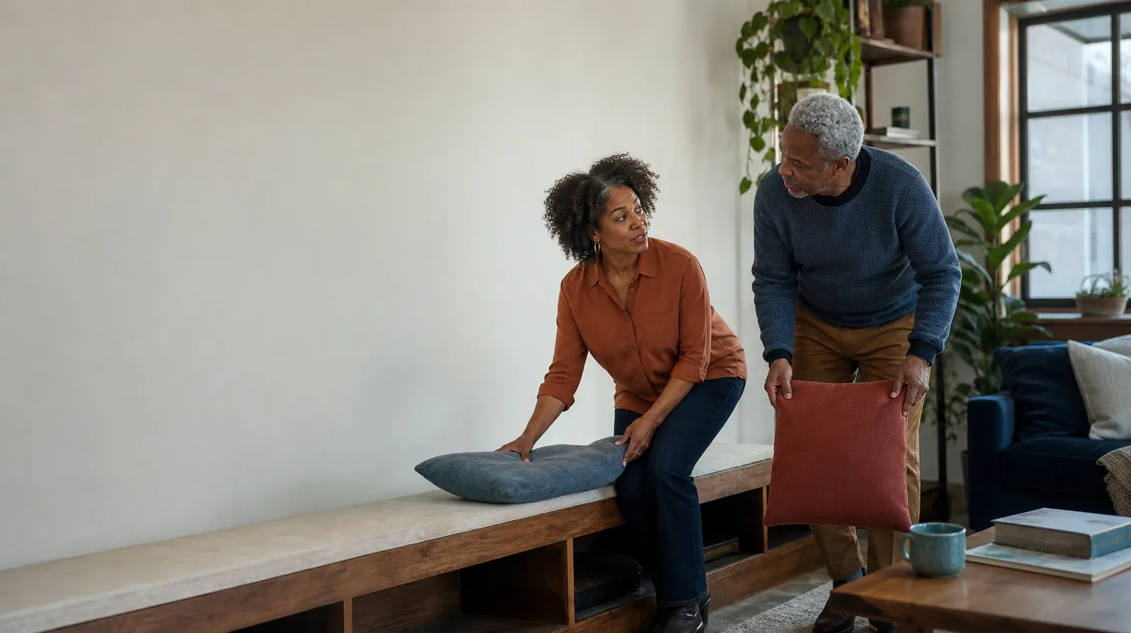 Two adults pause while arranging cushions on a bench · Family Involvement for Spanish-speaking adults in South Florida