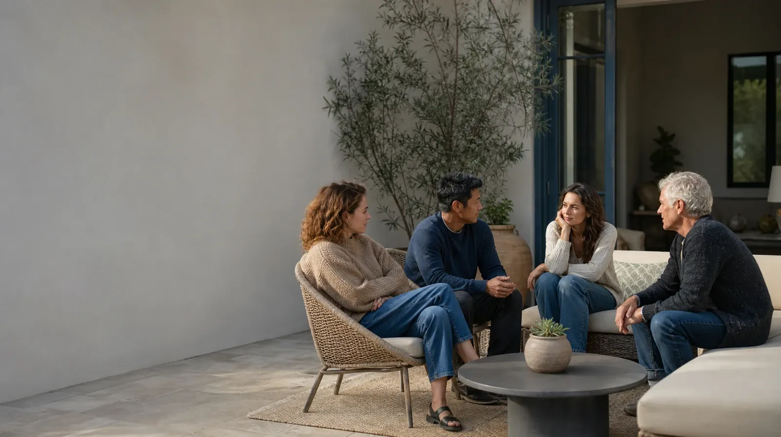 Language Access for Spanish-Speaking Adults | Four adults share a casual patio conversation Four adults share a casual patio conversation · Language Access for Spanish-Speaking Adults