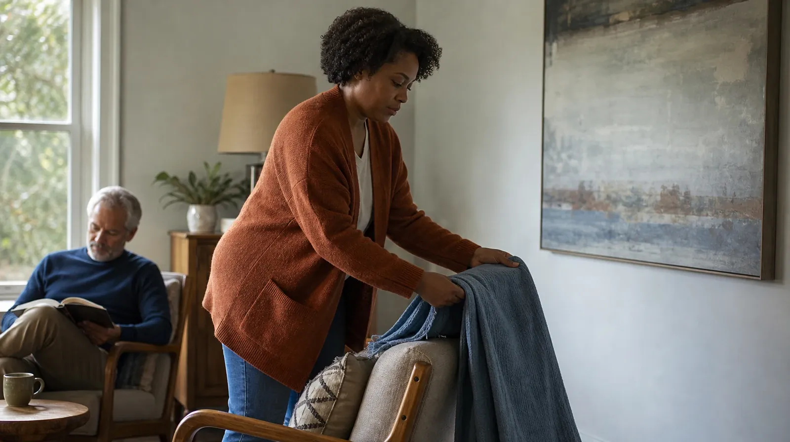 An adult folds a plain cotton throw over a chair · Planning Time Away for Spanish-Speaking Adults in South Florida