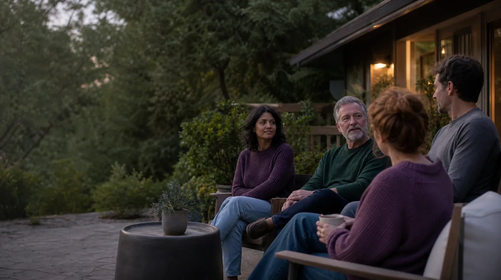 Four adults share a casual patio conversation · Returning Home After Treatment for Spanish Adults