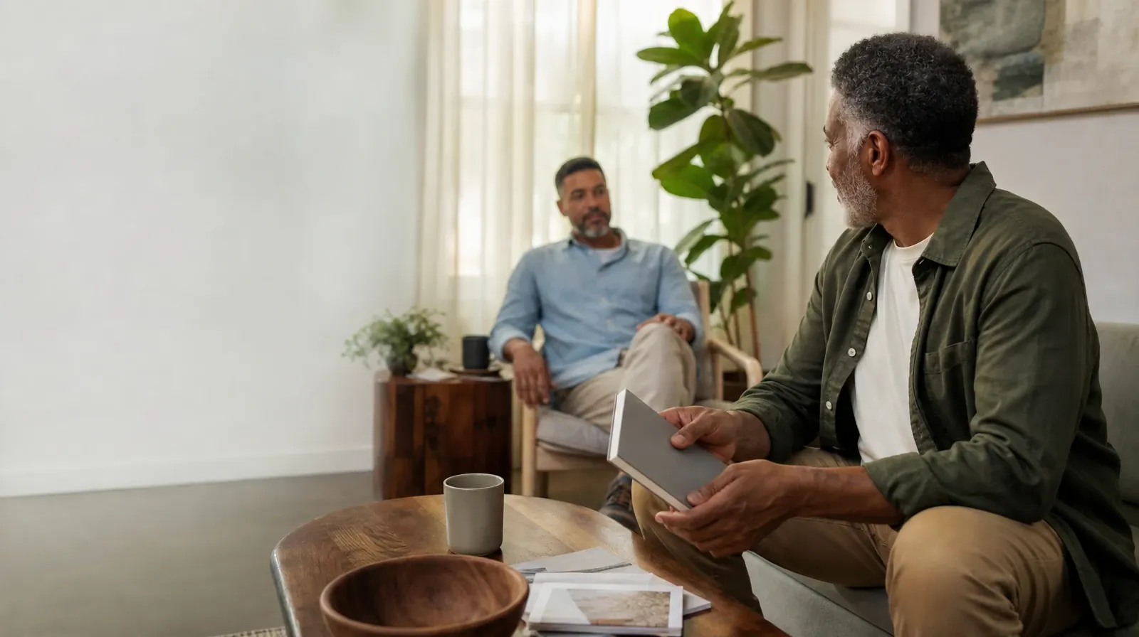 An adult closes a notebook before a conversation · Talking With a Prescriber for Spanish-speaking Adults