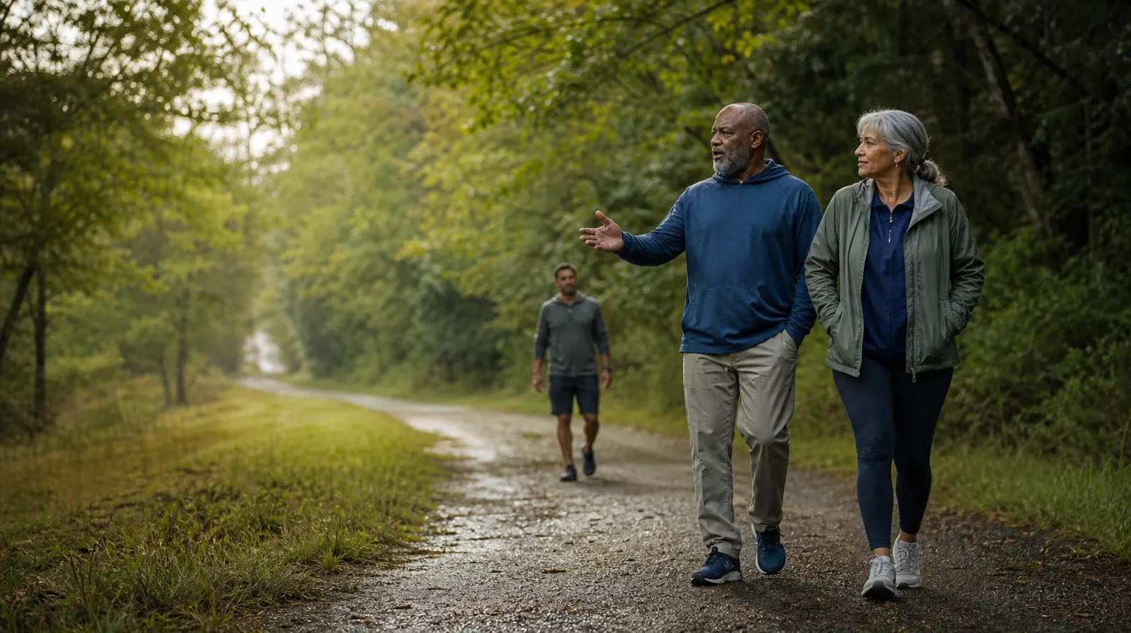 A First Treatment Conversation for Veterans in South Florida | Three adults walk and talk on a wooded path Three adults walk and talk on a wooded path · A First Treatment Conversation for Veterans in South Florida