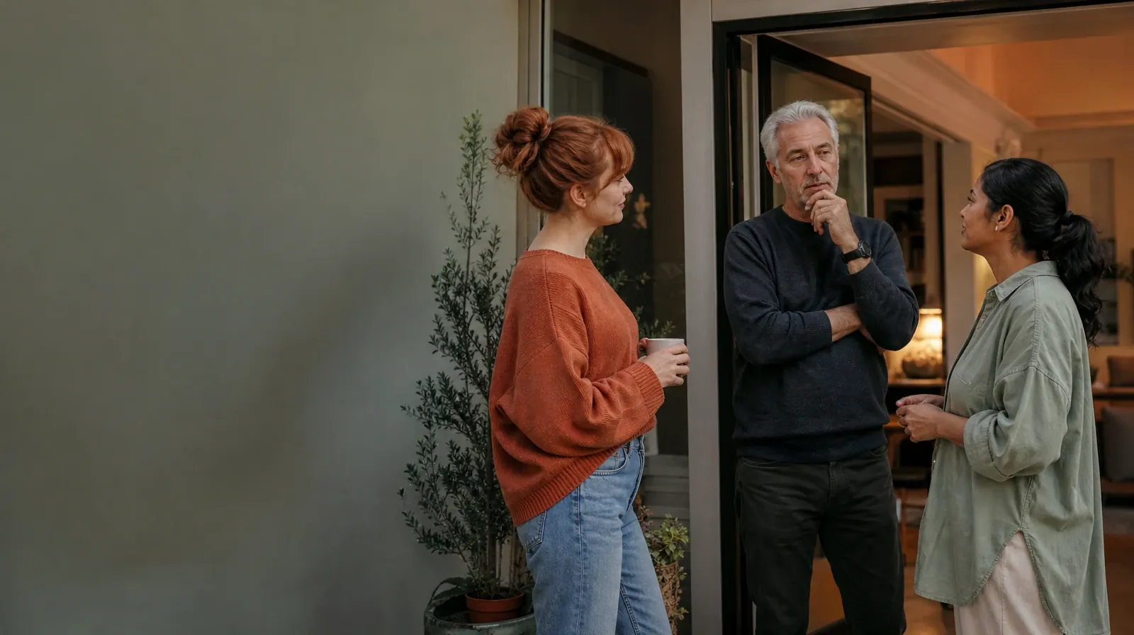 Building a Support Network for Veterans in South Florida | Three adults talk near an open home doorway Three adults talk near an open home doorway · Building a Support Network for Veterans in South Florida