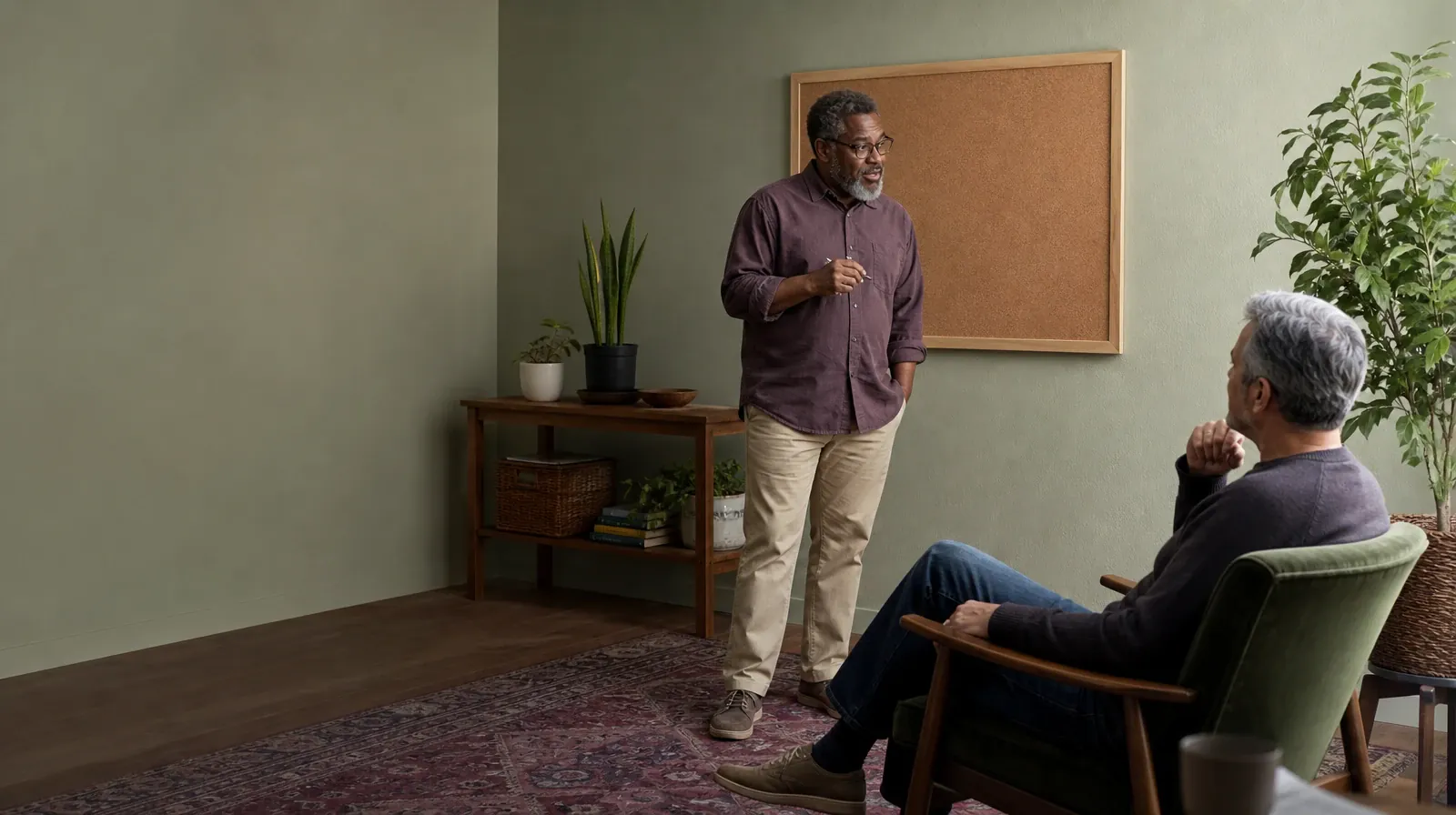 An adult talks beside a blank corkboard · Returning Home After Treatment for Professionals