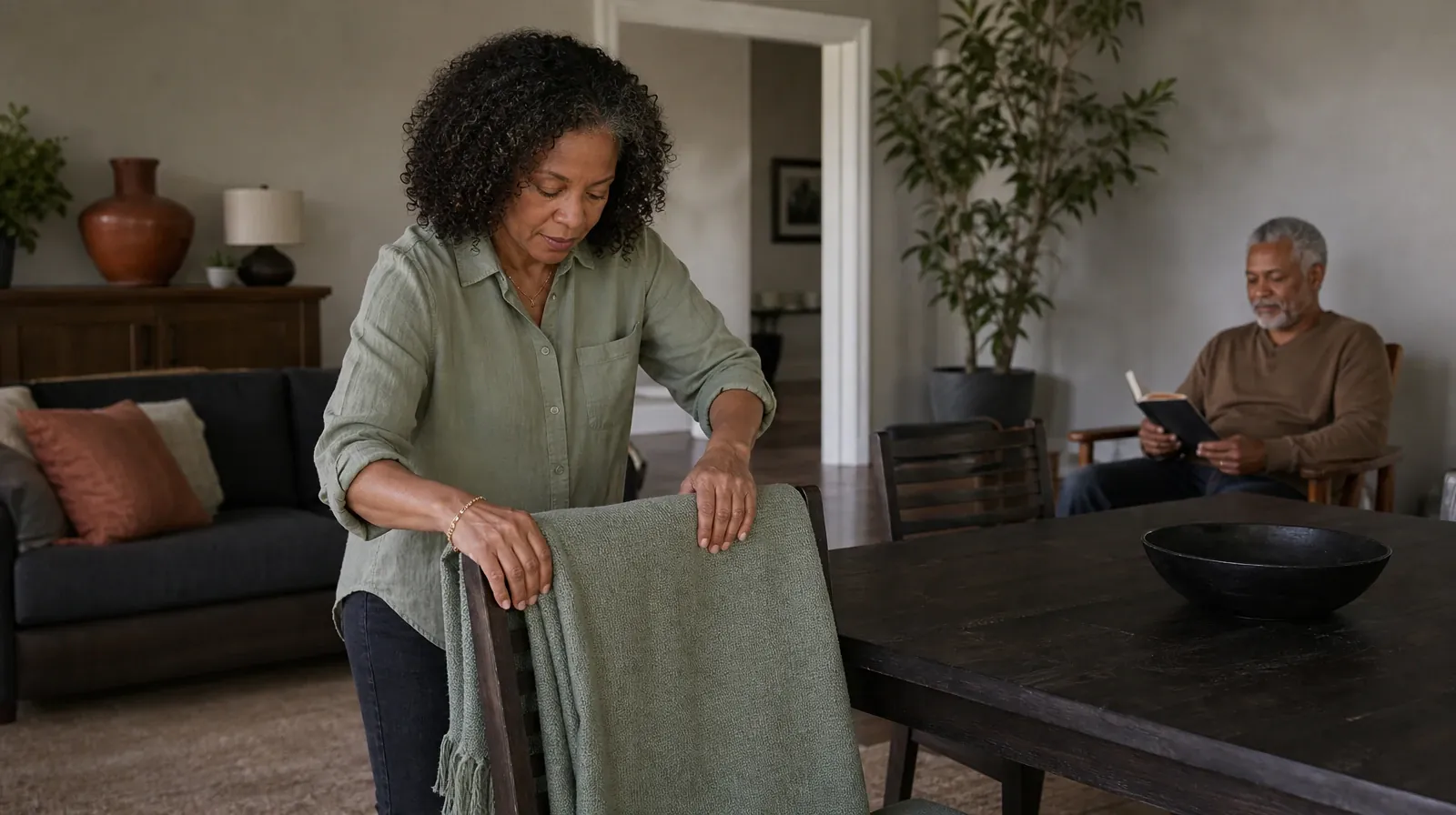 An adult folds a plain cotton throw over a chair · Family Involvement for Young Adults in South Florida